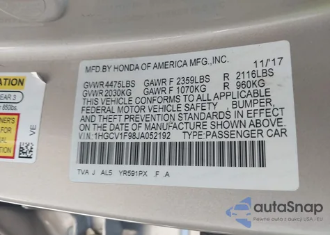 2018 Honda Accord Touring из США, поврежденный, VIN 1HGCV1F98JA052192